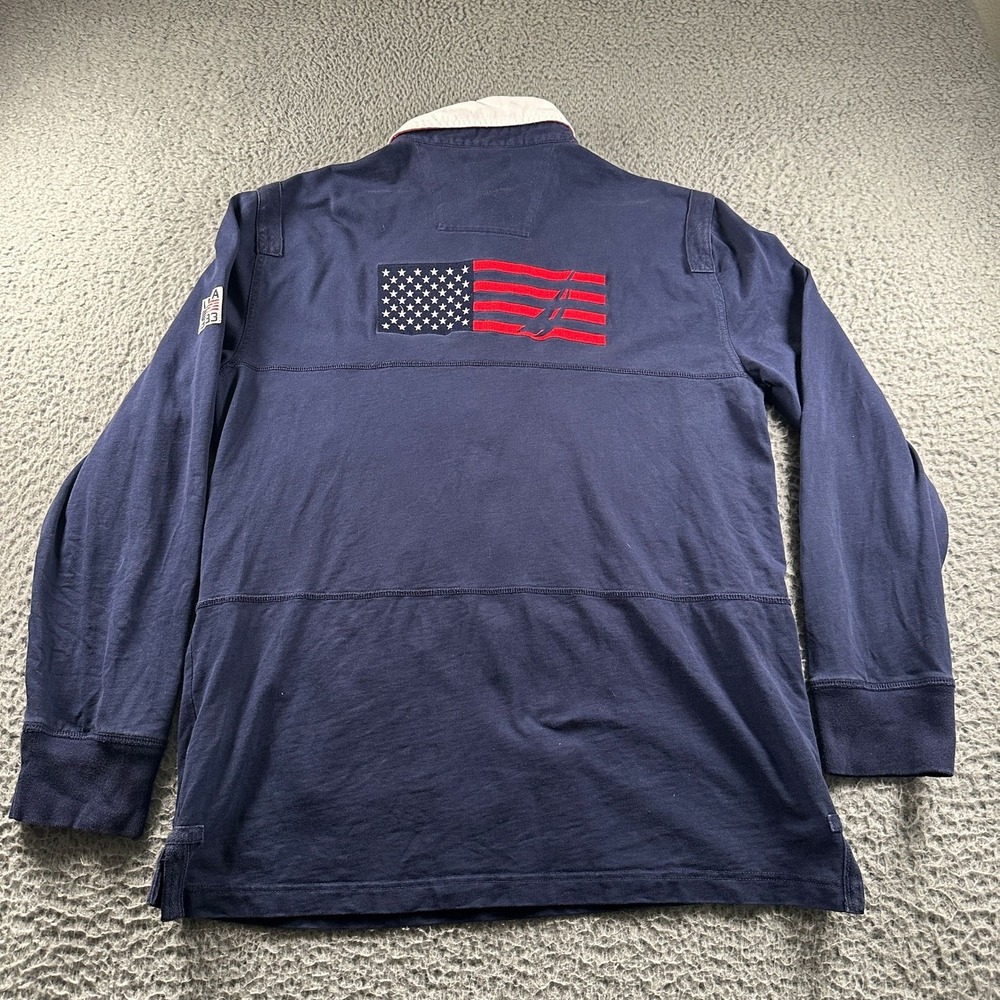 Vtg Nautica Rugby Shirt Mens L Navy Cotton USA Flag Logo Y2K Elbow‎ Patch